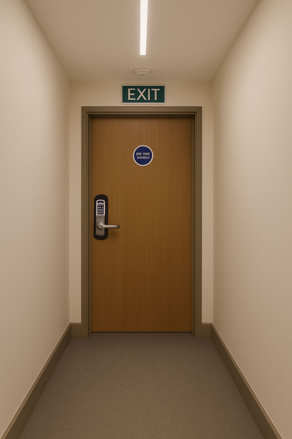 a modern solid fire door with exit sign above